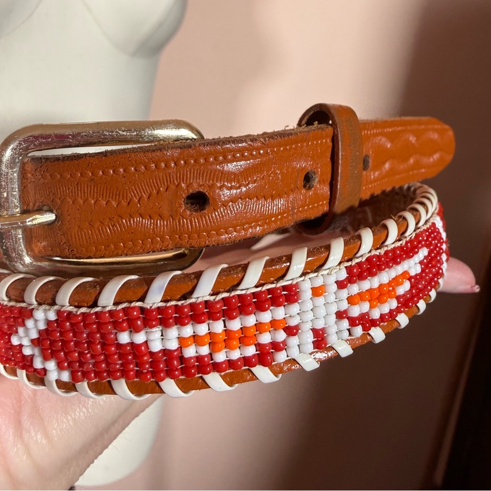 Vintage tooled leather southwestern seed beaded firebird red brown belt 30 in